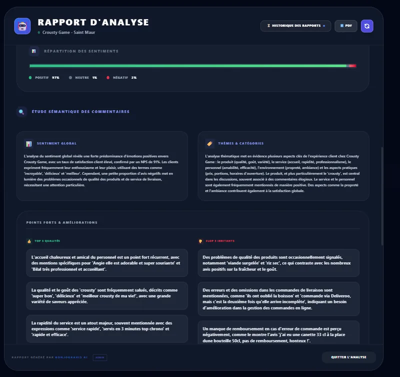 BonjourAvis — Analyse sémantique IA des avis Google : qualités principales et irritants clients