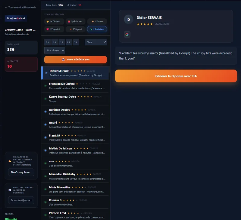 BonjourAvis — Liste des avis Google avec filtres par note, personas IA et statut de réponse