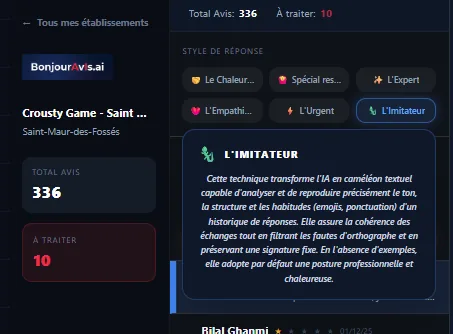 BonjourAvis — Persona L'Imitateur qui adapte le ton de réponse IA au style du client