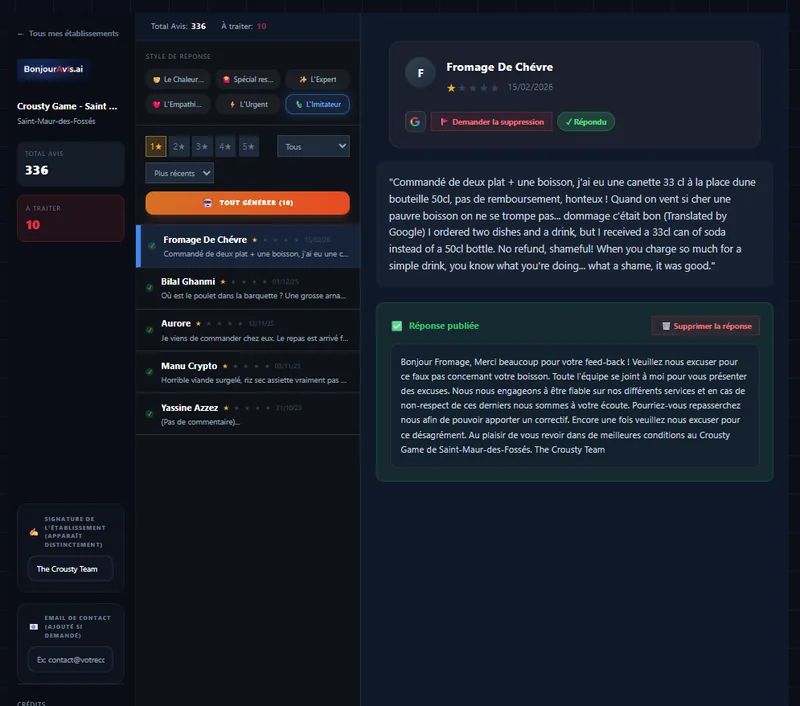 BonjourAvis — Réponse IA personnalisée publiée sur un avis négatif Google en 3 secondes