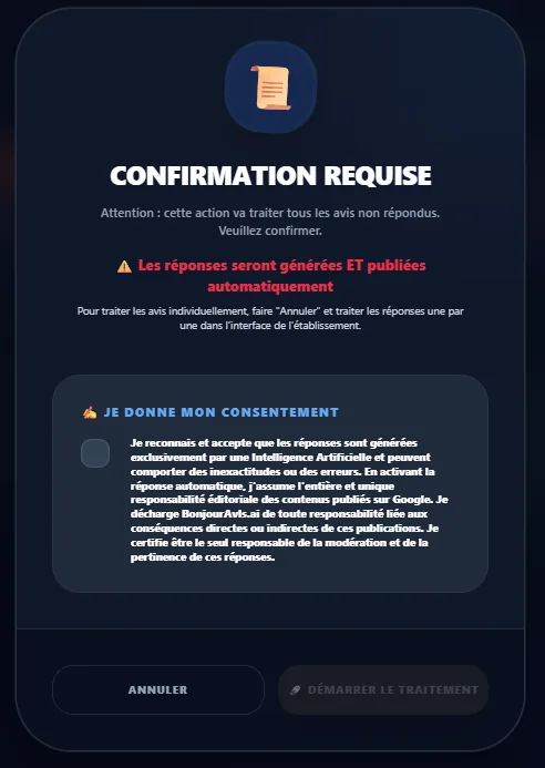 BonjourAvis — Confirmation du traitement en masse de 50 avis Google avec réponses IA automatiques
